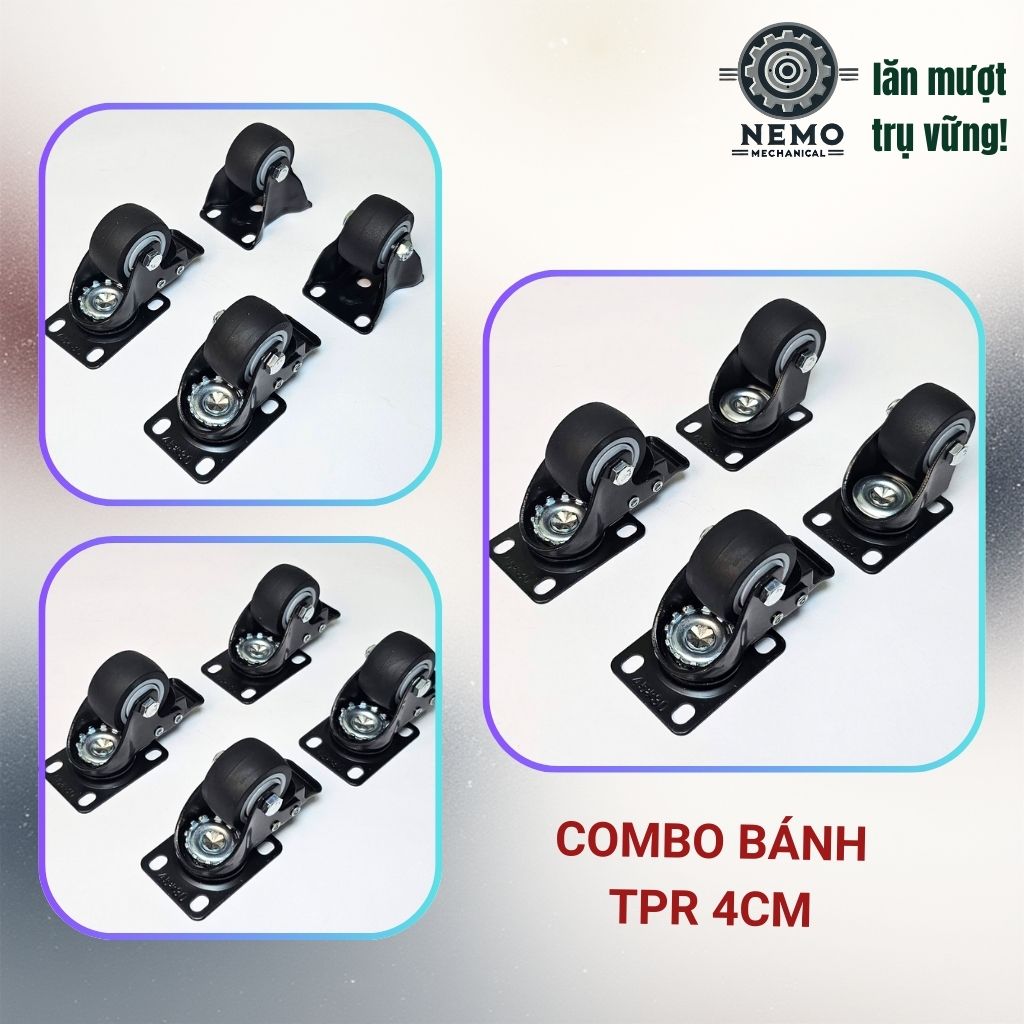 Bánh Xe TPR Chống Ồn Tải Cao – Càng Thép Sơn Tĩnh Điện Đen (D40, D50)